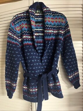 Hunt Club Navy Multicolor Shawl-Collar Belted Cardigan